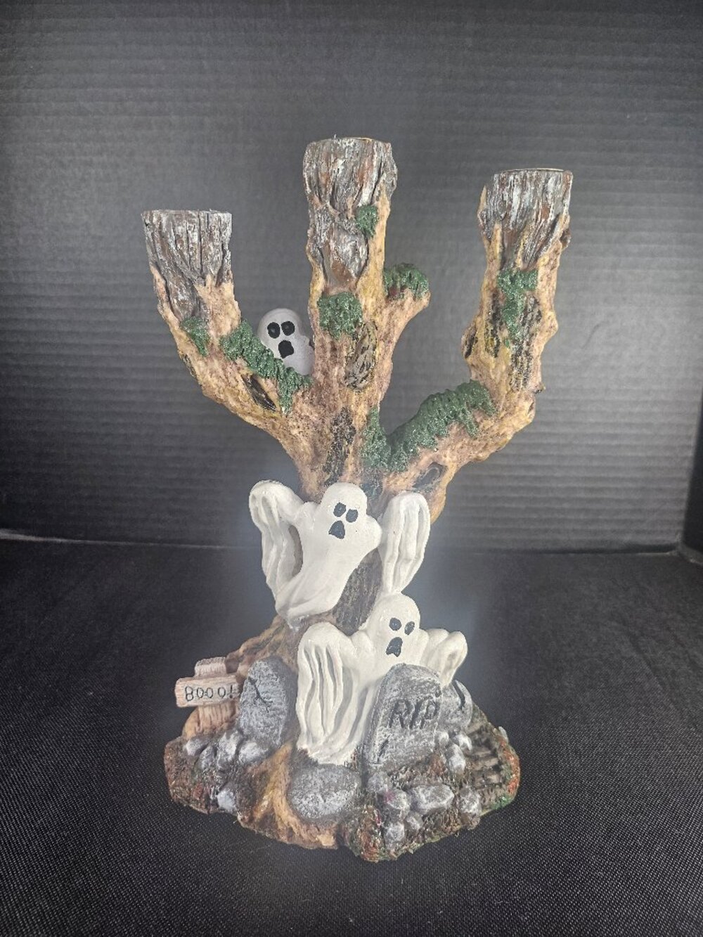 Haunted Halloween Tree Ghosts Gravestones Triple Candlestick Holder Candelabra